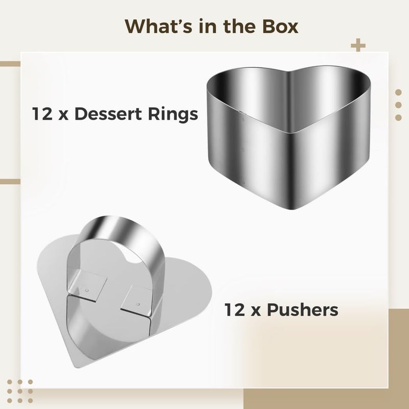 12 Pcs Stainless Steel Cake Rings, Mousse Ring Molds Set, Heart-Shape Dessert Molds With Pusher For Baking Biscuits Pancakes Desserts, 3.15 In X 1.46 In - Image 4