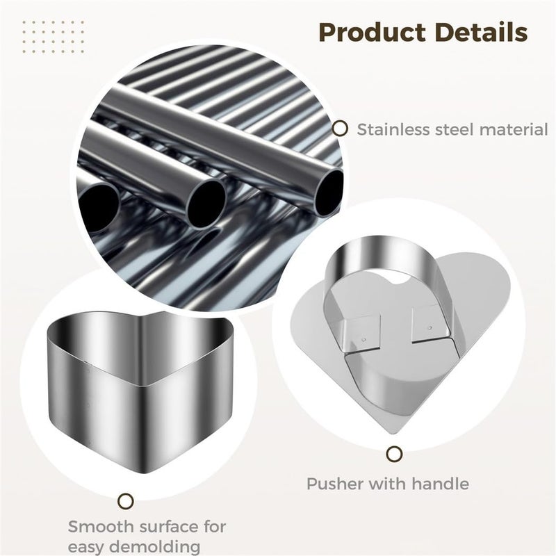 12 Pcs Stainless Steel Cake Rings, Mousse Ring Molds Set, Heart-Shape Dessert Molds With Pusher For Baking Biscuits Pancakes Desserts, 3.15 In X 1.46 In - Image 5