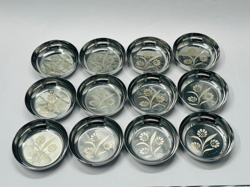 DEV INDUSTRIES Halwa Plate/Snacks Plate Lazer Design, Steel Plate Small, 11.5cm Each Stainless Steel, Multipurpose Steel Plate Set, Serving Plates (Set of 12) - Image 1