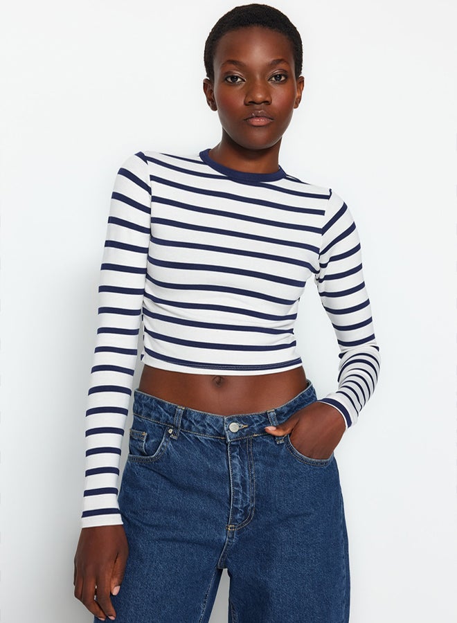 trendyol Navy Blue Striped Premium Viscose Soft Fabric Fitted Crop Stretchy Knitted Blouse - Image 3