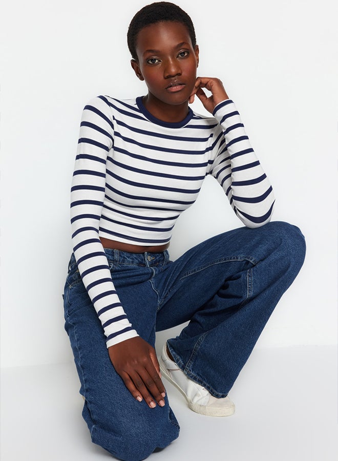 trendyol Navy Blue Striped Premium Viscose Soft Fabric Fitted Crop Stretchy Knitted Blouse - Image 2