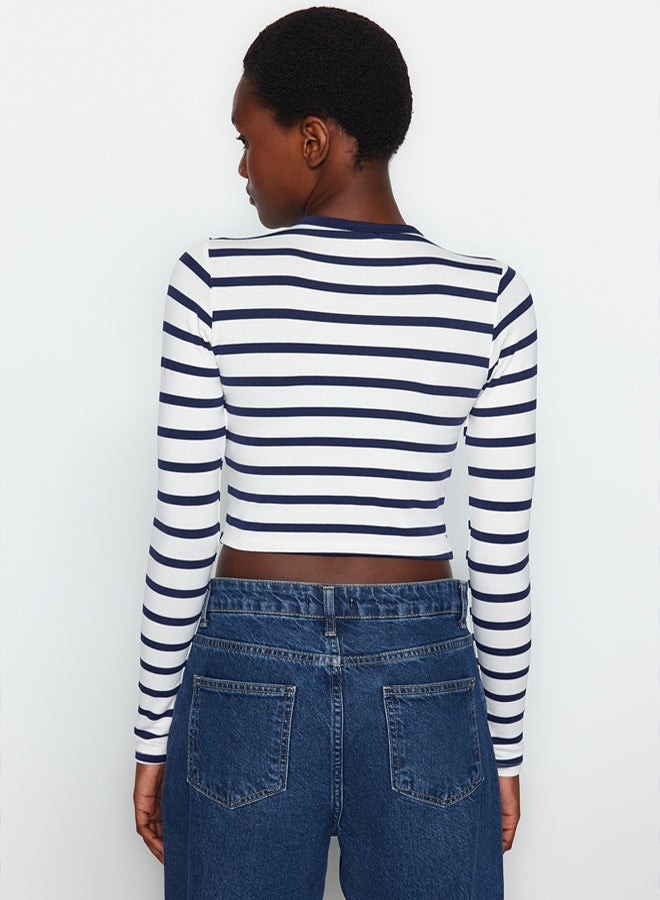 trendyol Navy Blue Striped Premium Viscose Soft Fabric Fitted Crop Stretchy Knitted Blouse - Image 5