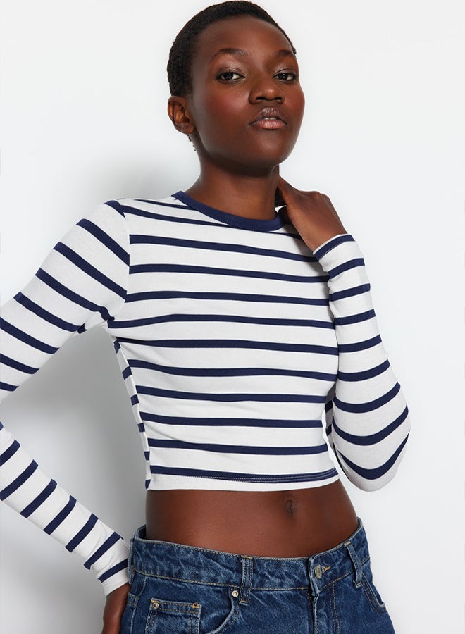 trendyol Navy Blue Striped Premium Viscose Soft Fabric Fitted Crop Stretchy Knitted Blouse - Image 1
