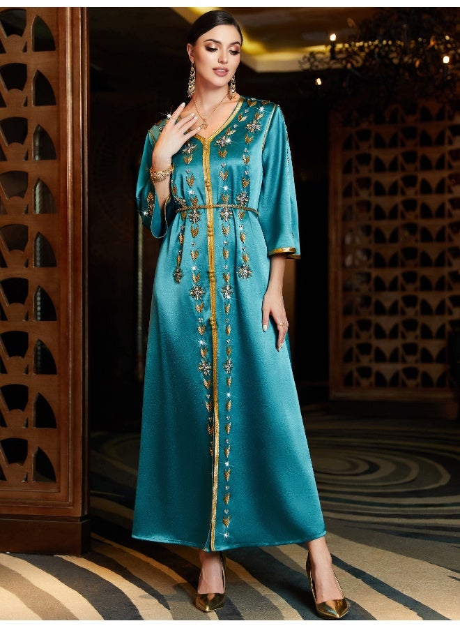 Madam Uniq New Aqua Blue V-Neck Split Long Robe - Middle Eastern Party Dress - Image 4
