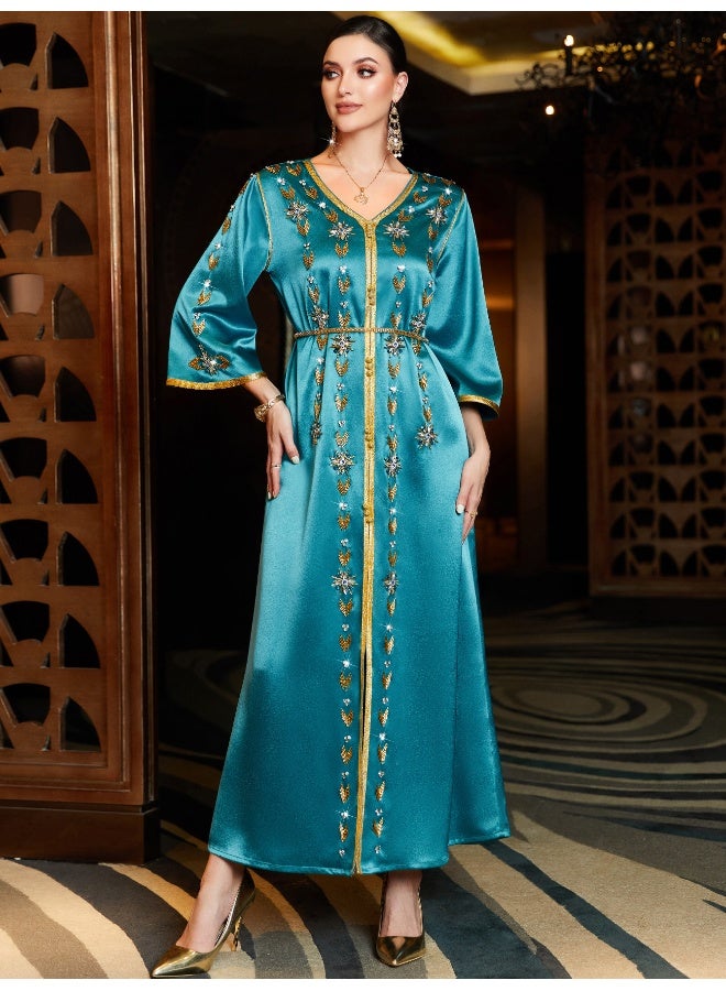 Madam Uniq New Aqua Blue V-Neck Split Long Robe - Middle Eastern Party Dress - Image 5