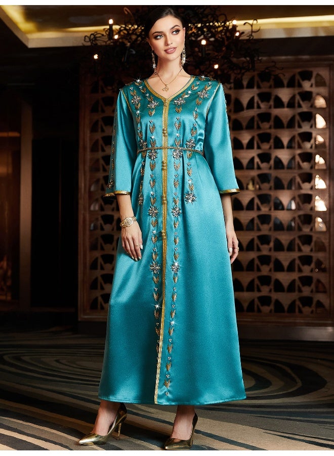 Madam Uniq New Aqua Blue V-Neck Split Long Robe - Middle Eastern Party Dress - Image 3