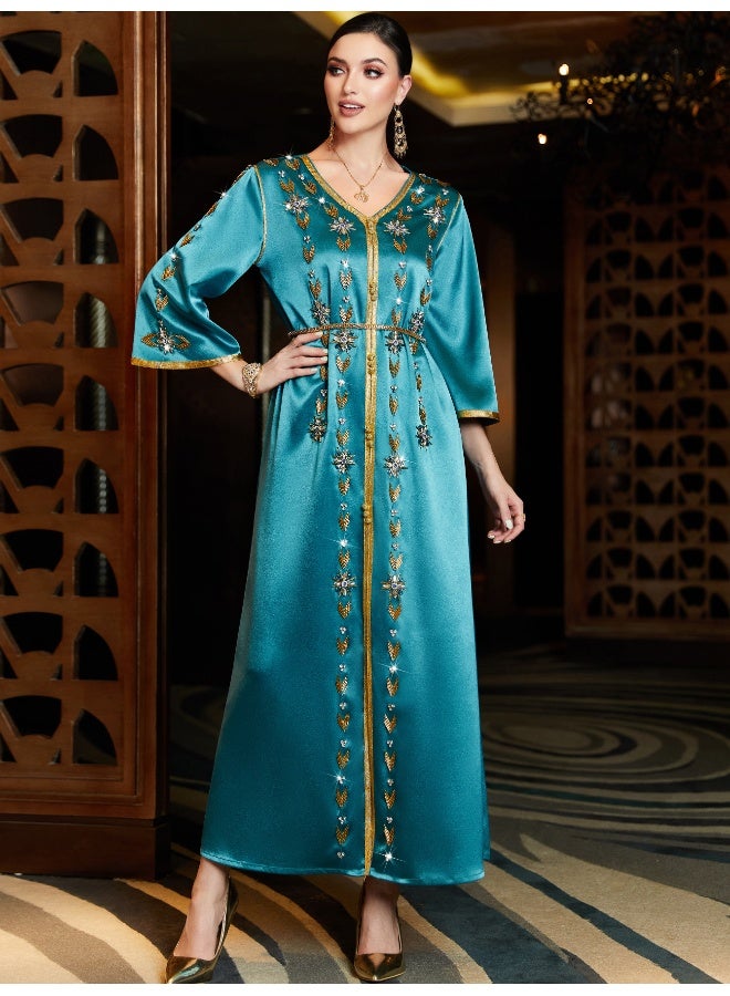 Madam Uniq New Aqua Blue V-Neck Split Long Robe - Middle Eastern Party Dress - Image 1
