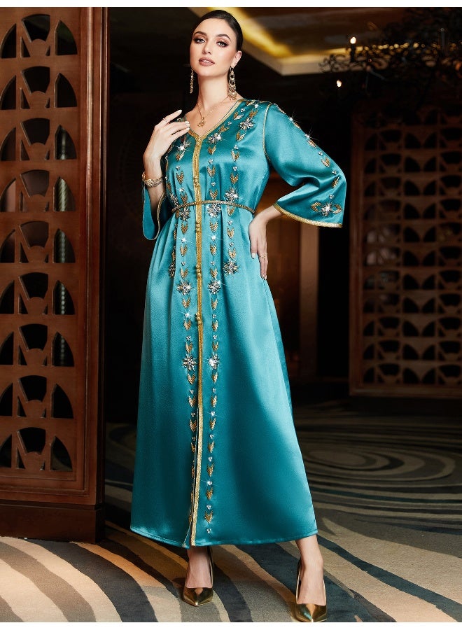Madam Uniq New Aqua Blue V-Neck Split Long Robe - Middle Eastern Party Dress - Image 2