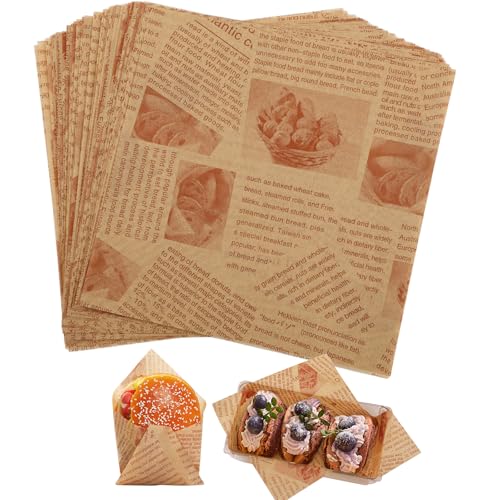 KIKISML 100 PCS Newspaper Print Deli Paper Sheets 7 * 7 Inch, Food-grade Greaseproof Paper Food Basket Liners for Sandwiches, Burgers, Fries Wrapping for Party, Festival and Outdoors - Brown - Image 1