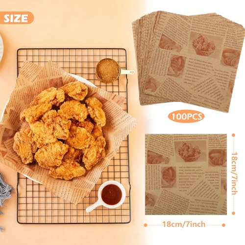 KIKISML 100 PCS Newspaper Print Deli Paper Sheets 7 * 7 Inch, Food-grade Greaseproof Paper Food Basket Liners for Sandwiches, Burgers, Fries Wrapping for Party, Festival and Outdoors - Brown - Image 2