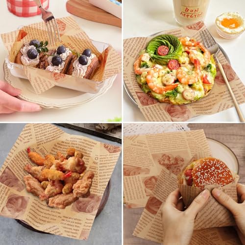 KIKISML 100 PCS Newspaper Print Deli Paper Sheets 7 * 7 Inch, Food-grade Greaseproof Paper Food Basket Liners for Sandwiches, Burgers, Fries Wrapping for Party, Festival and Outdoors - Brown - Image 3
