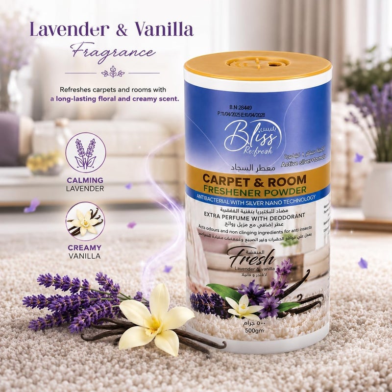 سويش سوبر مسحوق تنظيف السجاد وتعطير الغرف Bliss Fresh Carpet & Room Freshener Powder، 500 جرام، بنكهة اللافندر والفانيليا، مزود بتقنية النانو الفضية المضادة للبكتيريا لتنظيف السجاد - Image 1