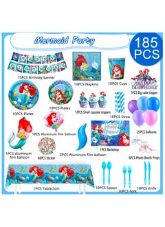 FRUITFUL PARTY Little Mermaid Party Decorations for 10 Guests, 185pcs My Little Mermaid Party Disposable Tableware Kit Little Mermaid Party Plates Cups and Napkins etc Mermaid Party Supplies  - Image 2