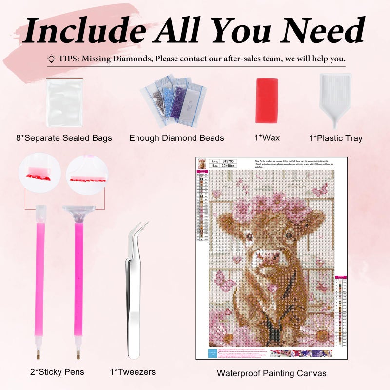 Yezavesu Highland Cow Diamond Art Kits for Adults, Cute Pink Cow 5D Diamond Painting Kit for Beginners, DIY Round Full Drill Painting with Gem Art Craft Kits for Home Wall Decor 12x 16 Inch - Image 5