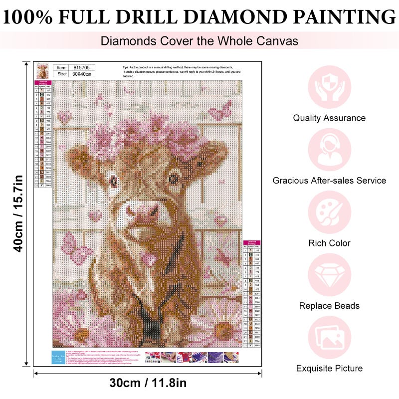Yezavesu Highland Cow Diamond Art Kits for Adults, Cute Pink Cow 5D Diamond Painting Kit for Beginners, DIY Round Full Drill Painting with Gem Art Craft Kits for Home Wall Decor 12x 16 Inch - Image 2