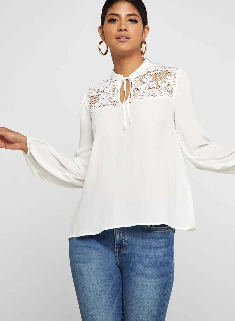 FOREVER 21 Crochet-Yoke Tie-Neck Top