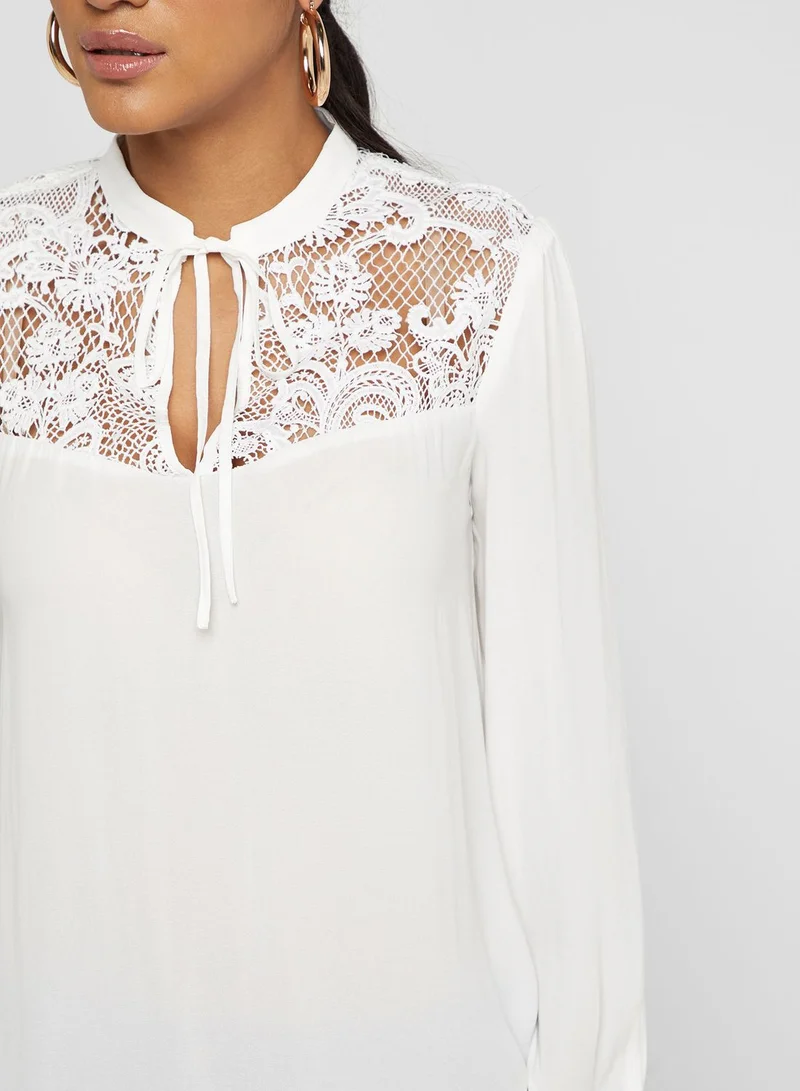FOREVER 21 Crochet-Yoke Tie-Neck Top