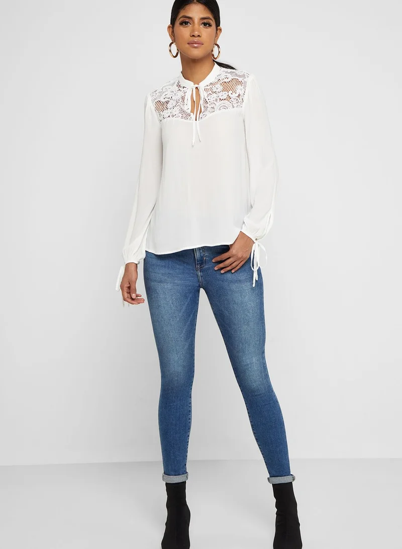 FOREVER 21 Crochet-Yoke Tie-Neck Top