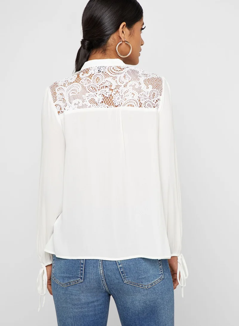 FOREVER 21 Crochet-Yoke Tie-Neck Top
