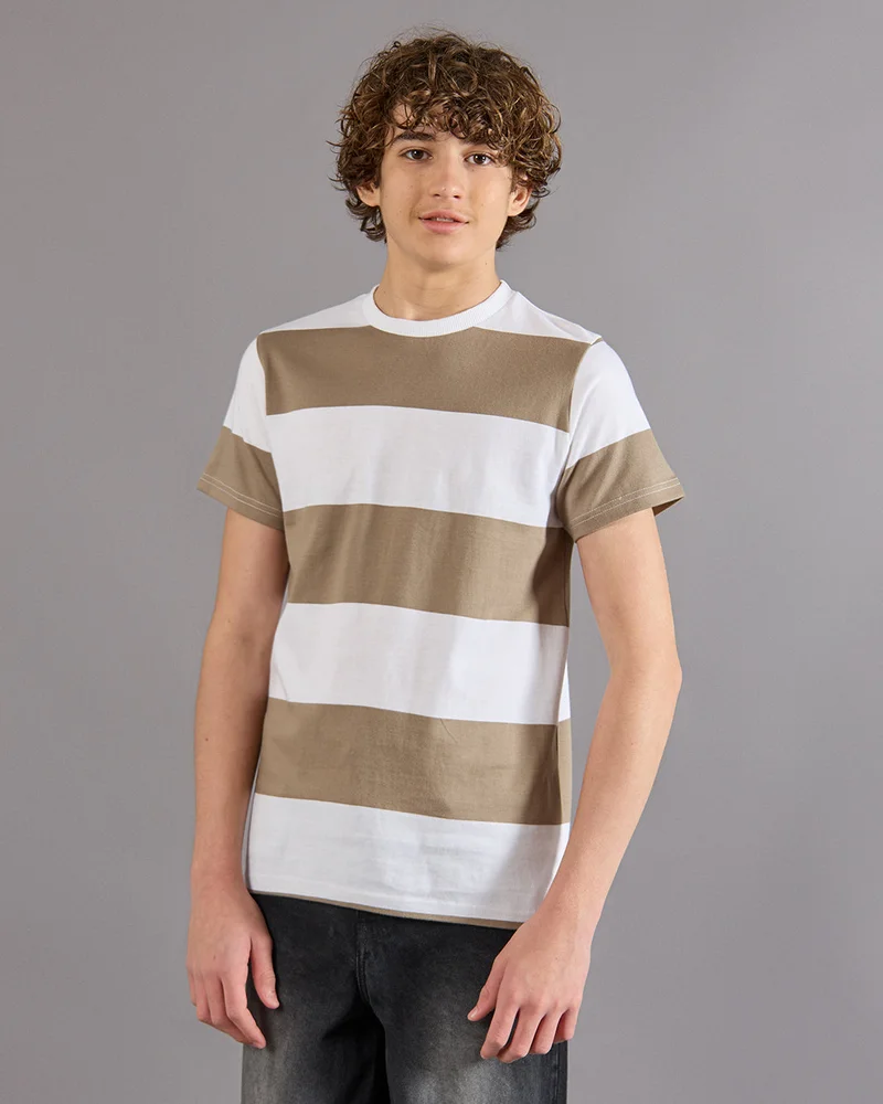 Redtag Senior Boys White And Beige Striped T-Shirt