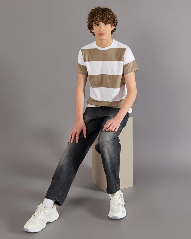Redtag Senior Boys White And Beige Striped T-Shirt