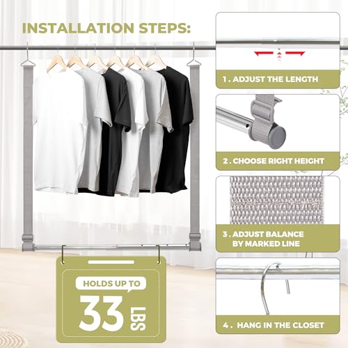 STORAGEIDEAS Hanging Closet Rod, 17-28In Width and Up to 32In Height Closet Extender, Double Hanging Bar with Powder-Coated Metal Pole and Adjustable Webbing, Space-Saving Tension Organizer, 2 Pack - Image 2