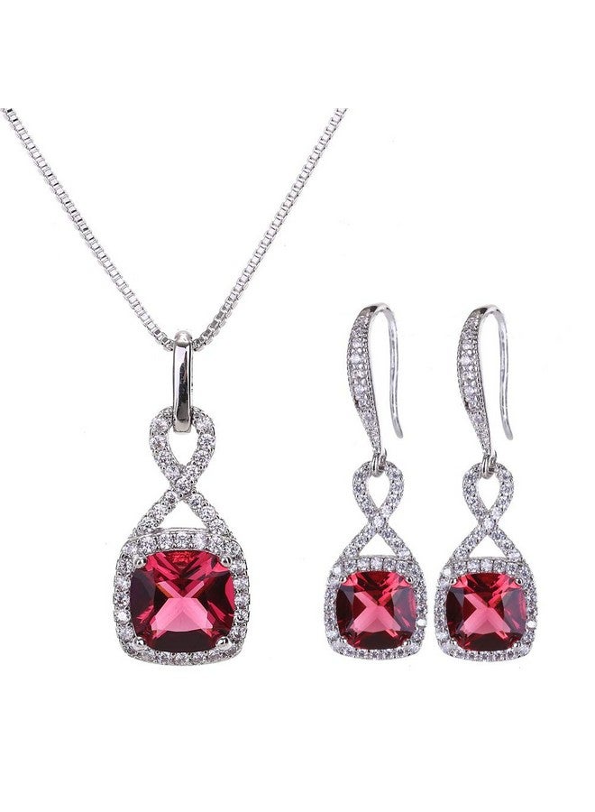 AMYJANE Wedding Jewelry Set For Women - Sterling Silver Red Square Ruby Crystal Cubic Zirconia Wedding Necklace Earring Set Bridal Bridesmaids Jewelry Set Infinity Jewelry For July Birthstone Valentines Day - Image 1