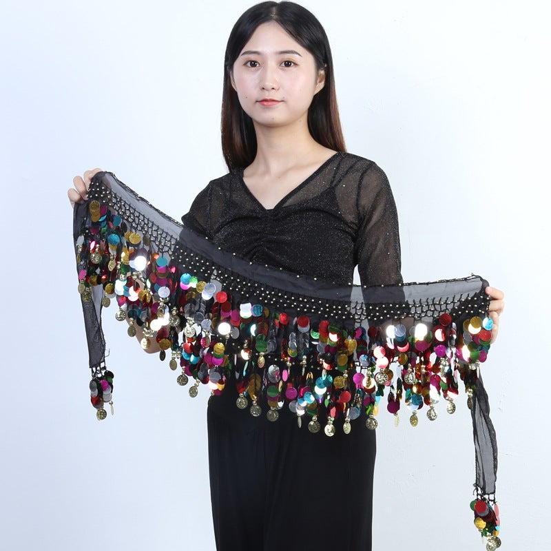 Belly dance waist chain hip towel skirt new Indian dance watch performance waist seal copper gong belt sequined tassel waist towel dance Black
