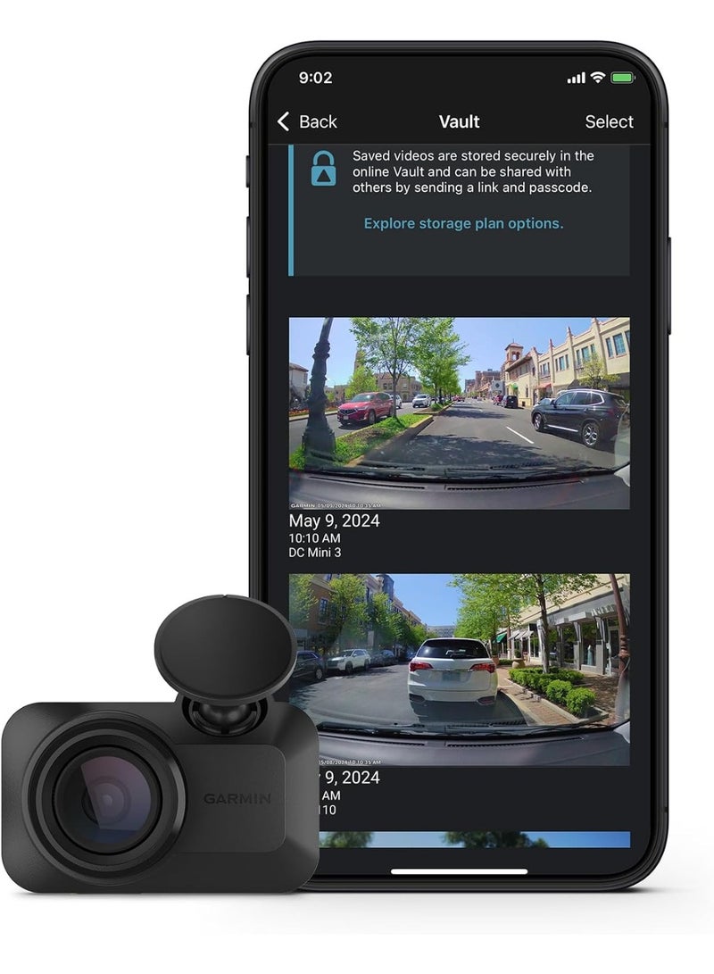 جارمين كاميرا مراقبة السيارة Garmin Dash Cam™ Mini 3 – فائقة الصغر، دقة 1080p HD، زاوية رؤية 140 درجة، مستقطب Clarity™ مدمج، تحكم صوتي، تسجيل تلقائي - Image 1