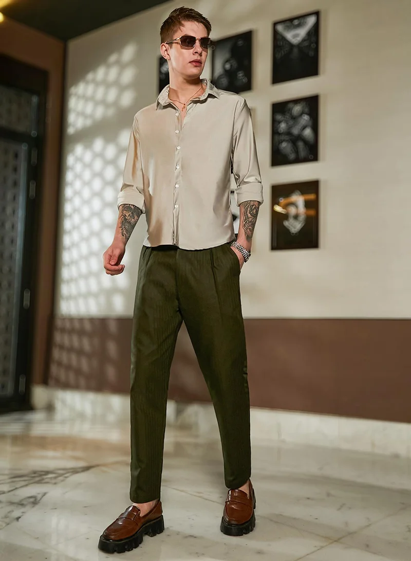 Campus Sutra Men's Juniper Green Striped Tailored Trousers