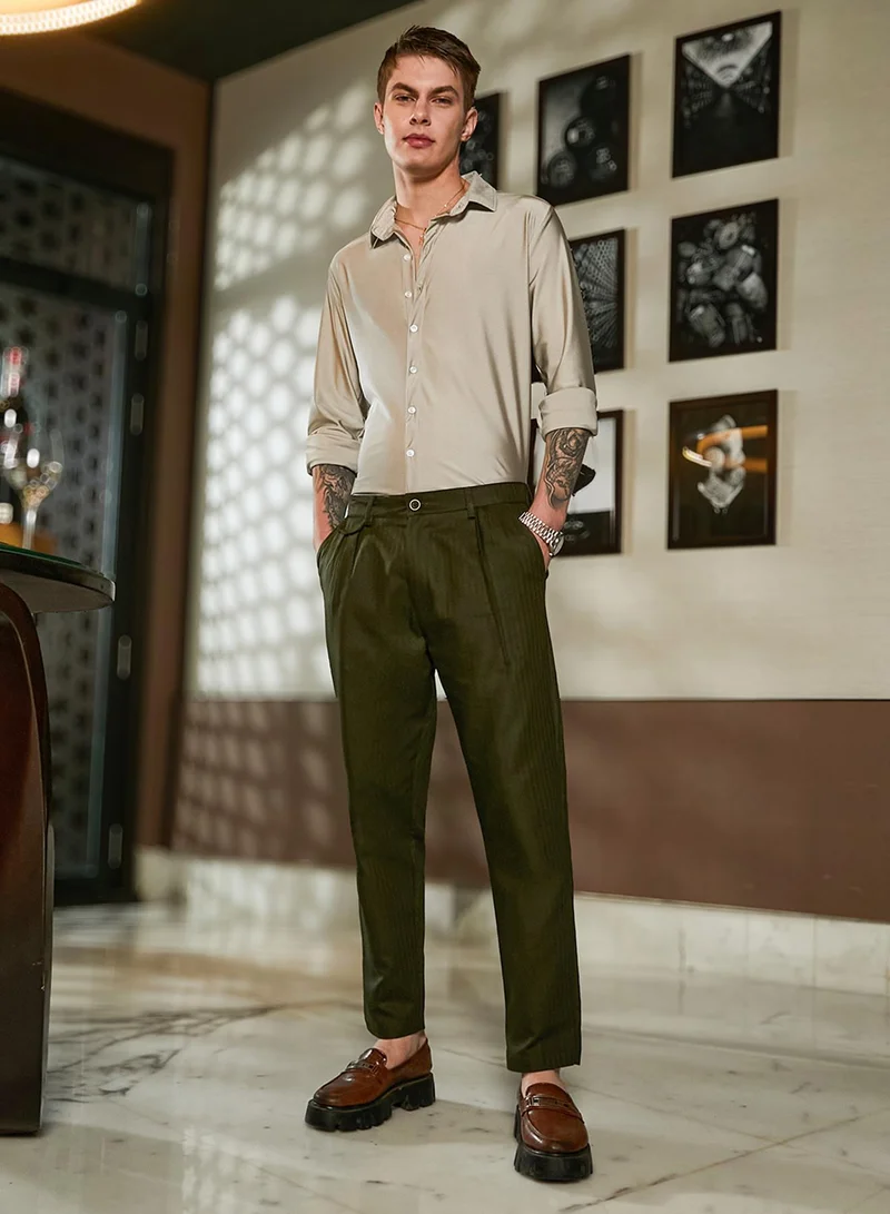 Campus Sutra Men's Juniper Green Striped Tailored Trousers