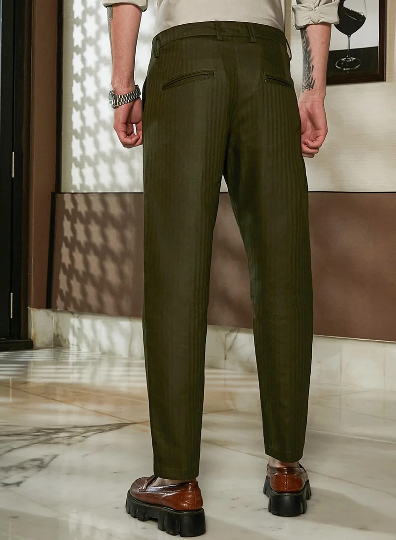 Campus Sutra Men's Juniper Green Striped Tailored Trousers