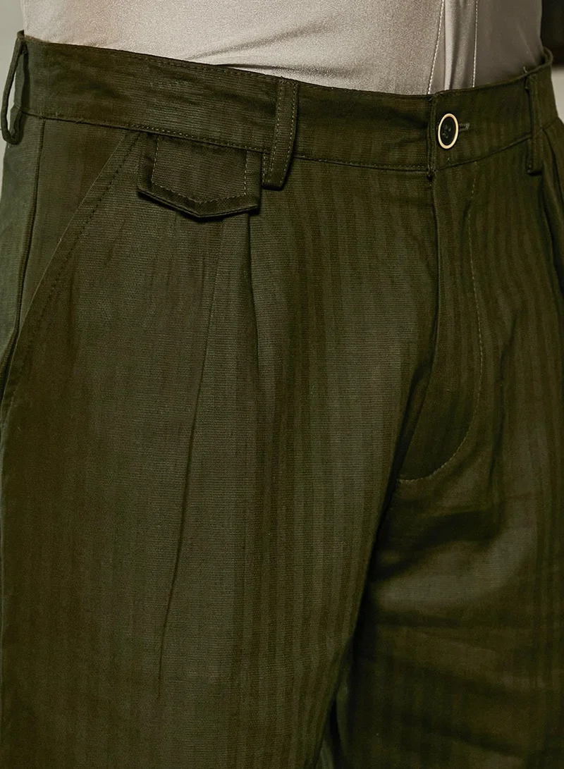 Campus Sutra Men's Juniper Green Striped Tailored Trousers