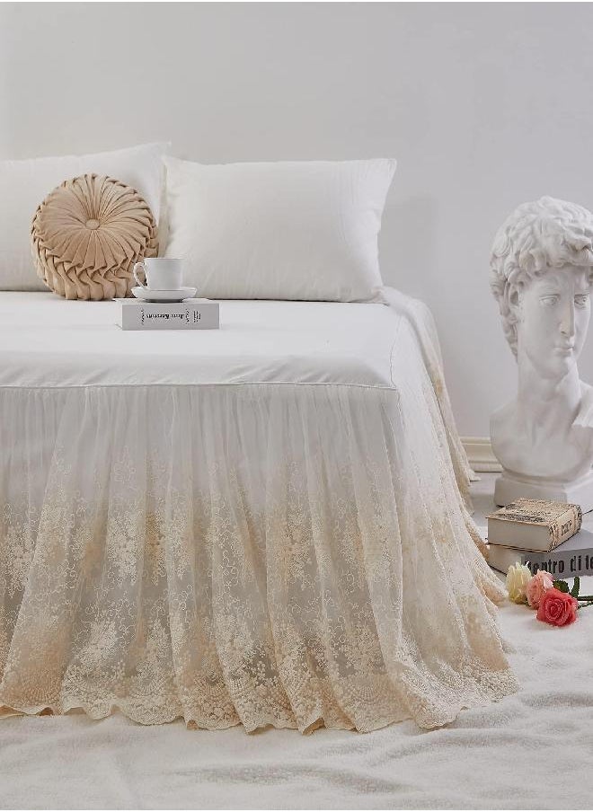 Brandream - Brandream Lace Bed Skirt Queen Size Cream White 18 Inch Drop Romantic Dust Ruffle Split Corners Bed Sheets Cover - Image 1