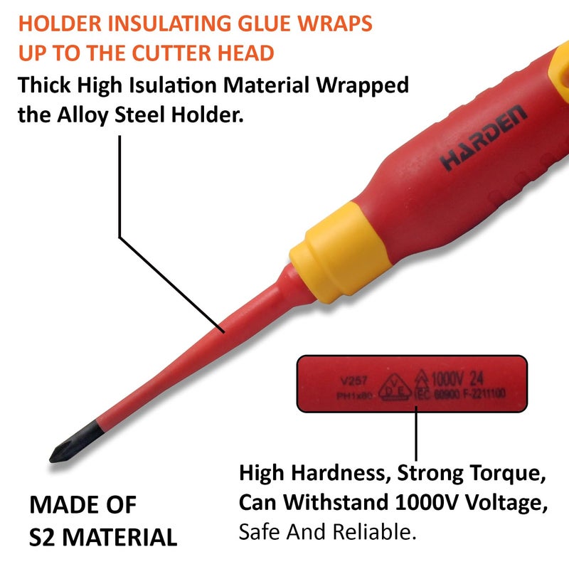 Harden 8 Pcs Insulated Screwdriver Set, Contains 4 Slotted/Flat, 3 Phillips Type Screwdriver and 1 Voltage Tester, Magnetic Professional Electrician VDE Can Withstand 1000V - 802008 - Image 3
