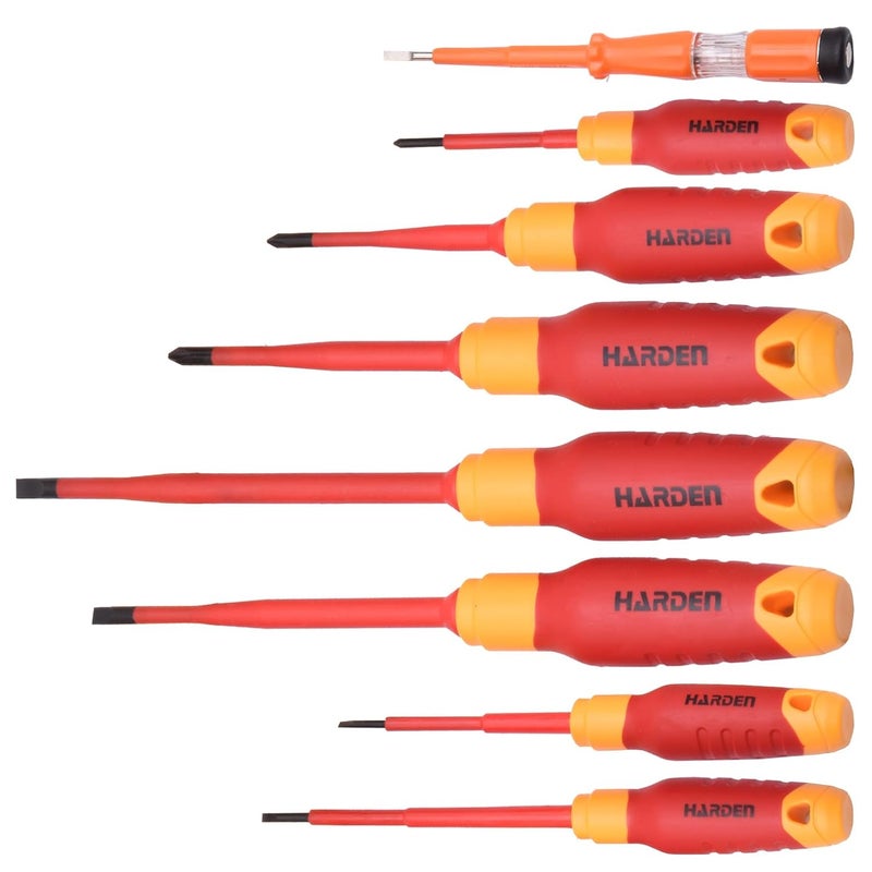 Harden 8 Pcs Insulated Screwdriver Set, Contains 4 Slotted/Flat, 3 Phillips Type Screwdriver and 1 Voltage Tester, Magnetic Professional Electrician VDE Can Withstand 1000V - 802008 - Image 1