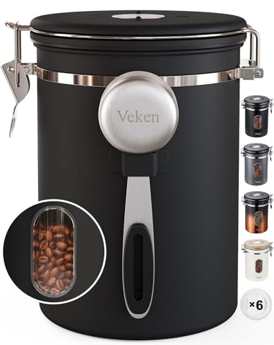 Veken Coffee Canister with WindowAirtight Stainless Steel ContainerHome Kitchen Food Storage Organizers for GroundsBeansEspressoRiceTeaSugarCereal FlourScoopBar AccessoriesGifts22OZBlack