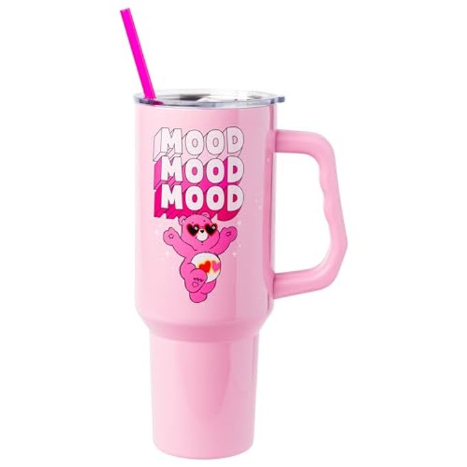 Silver Buffalo Care Bears â€œMoodâ€ Double Walled Stainless Steel Tumbler with Handle Featuring Love-A-Lot Bear, Fits in Standard Cup Holder, 40 Ounces