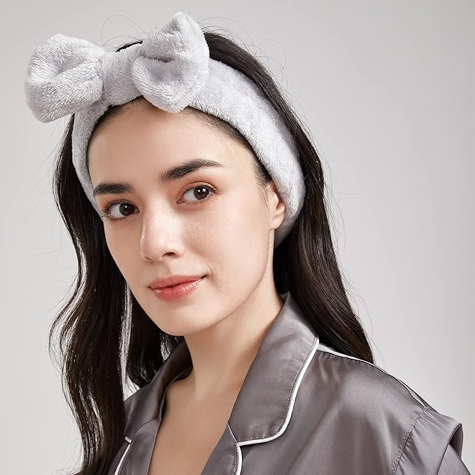 Dofash 2Pcs Cute Bowknot Bow Makeup Cosmetic Headbands for Washing Face Shower Hairbands Spa Headbands for Women Light PinkGray