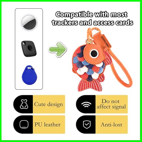 ZOUITY Leather Keychain Holder Case Compatible with AirTag,Cute Protective Cover with Keyring and Lanyard,Anti-Scratch Finder GPS Tracker Case for Wallet Keys,Bag,Pets,Backpack(Red Fish) - Image 3