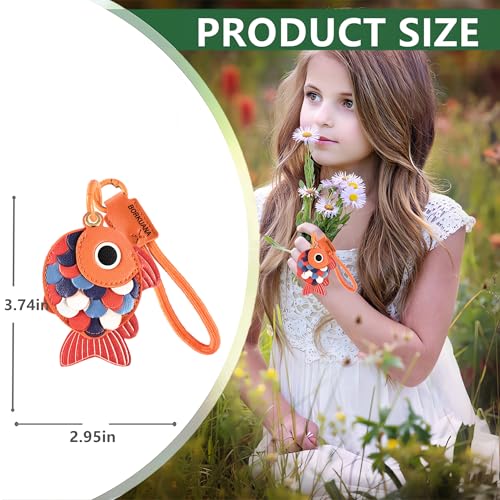 ZOUITY Leather Keychain Holder Case Compatible with AirTag,Cute Protective Cover with Keyring and Lanyard,Anti-Scratch Finder GPS Tracker Case for Wallet Keys,Bag,Pets,Backpack(Red Fish) - Image 2