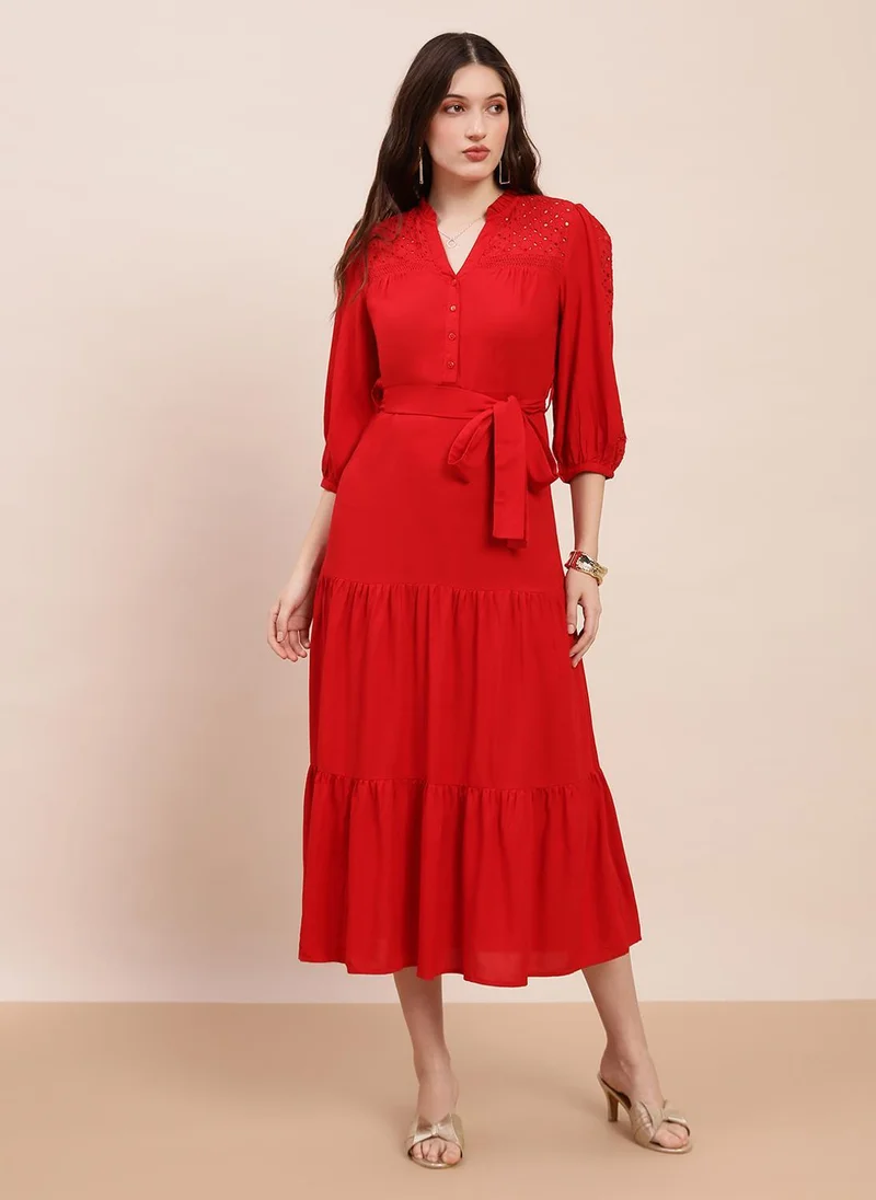 جلو باص Globus Women's Red Frilled V-Neck Schiffli Detail Tiered Belted Dress with Bishop Sleeves