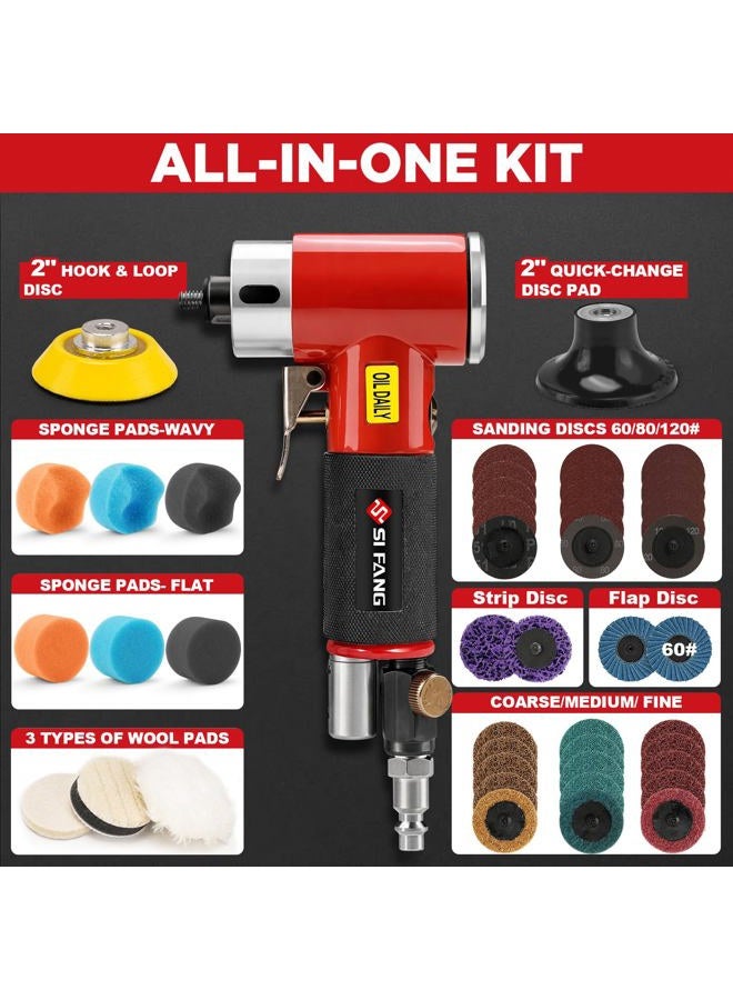 SI FANG 2 Inch Pneumatic Mini Orbital Sander Right Angle Air Die Grinder, Surface Prep Rotary Tool Polisher Kit with Various Quick Change Roll Lock Sanding Discs [Upgraded Polishing and Grinding] - Image 3
