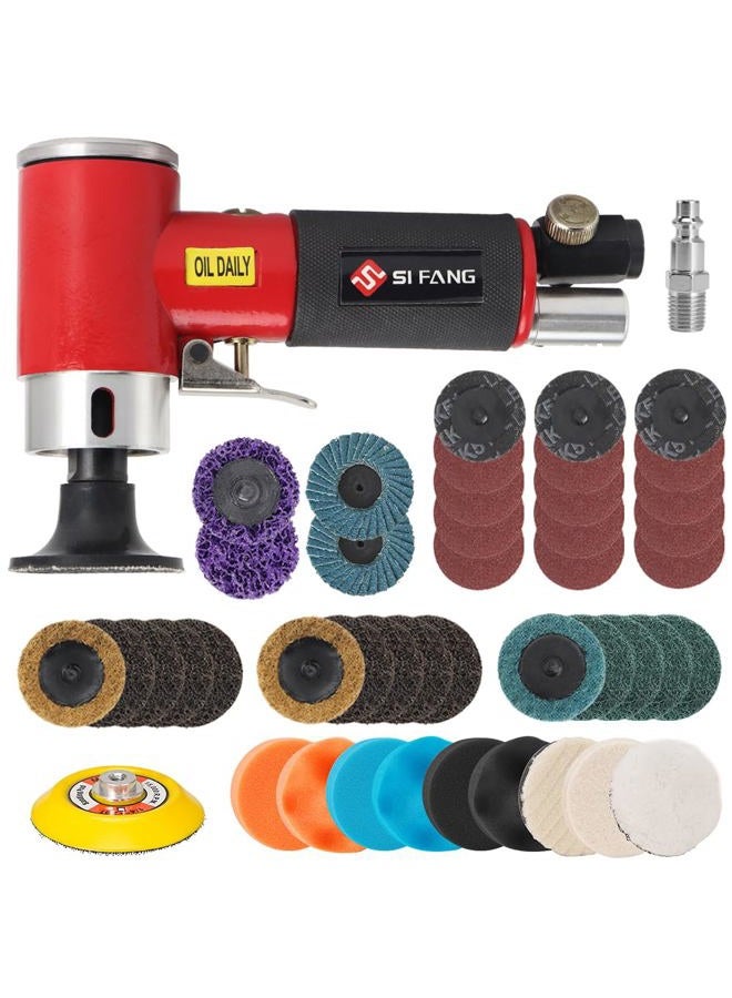 SI FANG 2 Inch Pneumatic Mini Orbital Sander Right Angle Air Die Grinder, Surface Prep Rotary Tool Polisher Kit with Various Quick Change Roll Lock Sanding Discs [Upgraded Polishing and Grinding] - Image 1