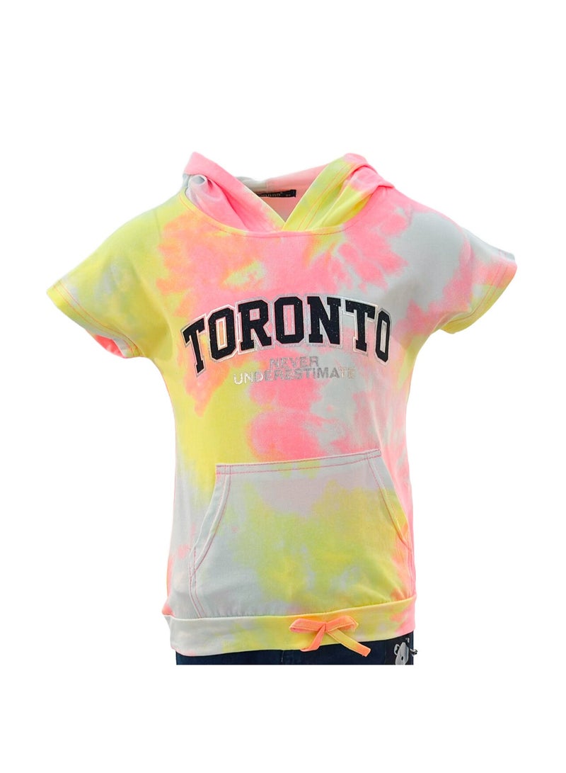 JOANNA JOANNA 23KY407B Girl's Toronto Never Underestimate Print Lowered Pocket Hoodie Short Sleeve T-Shirt - Pink/Yellow/Purple  - Image 1
