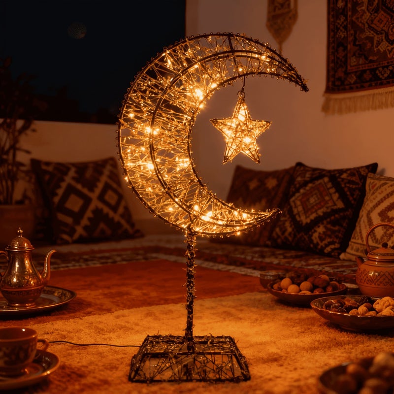 نجمة القمر الذهبية السوداء المزخرفة – 20 لمبة LED تعمل بالبطارية، قطع معدني، سهل التركيب، زينة منزلية - Image 2