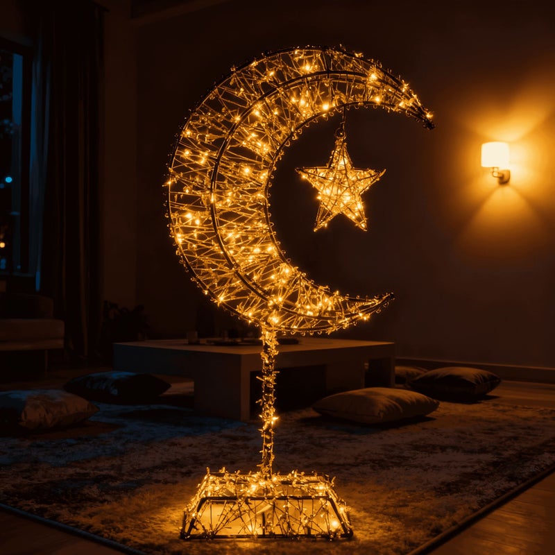 نجمة القمر الذهبية السوداء المزخرفة – 20 لمبة LED تعمل بالبطارية، قطع معدني، سهل التركيب، زينة منزلية - Image 4