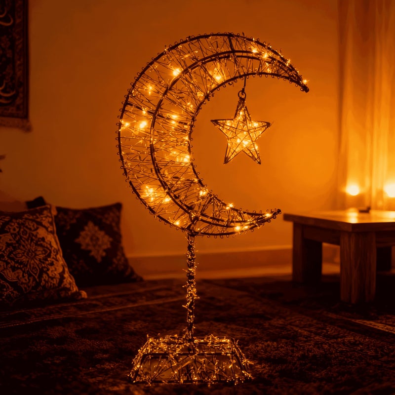 نجمة القمر الذهبية السوداء المزخرفة – 20 لمبة LED تعمل بالبطارية، قطع معدني، سهل التركيب، زينة منزلية - Image 1