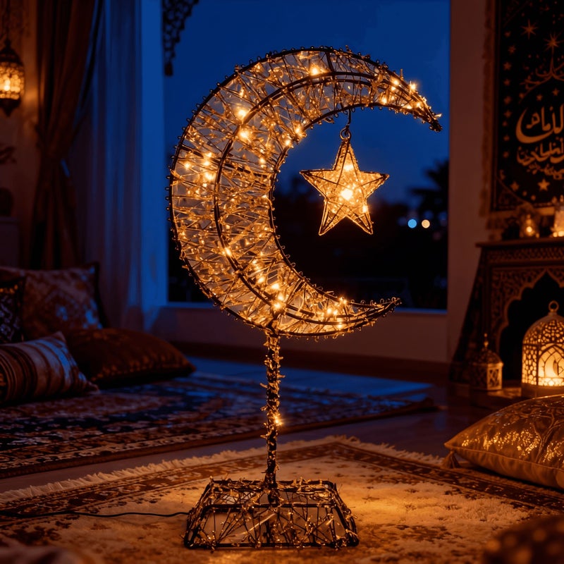 نجمة القمر الذهبية السوداء المزخرفة – 20 لمبة LED تعمل بالبطارية، قطع معدني، سهل التركيب، زينة منزلية - Image 5