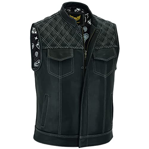 Leatherick Mens Black Motorcycle Vests - SOA Club & Traditional Paisley Satin Liner Leather Biker Vests (US, Alpha, Large, Regular, Regular, Black (White Diamond)) - Image 1